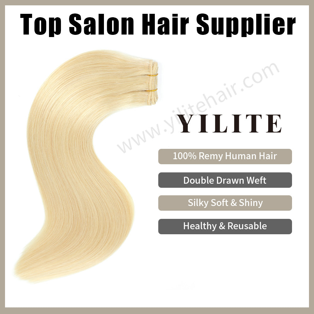 (#60) Platinum Blonde Sew In Weft: 100% Virgin Human Hair, Double Drawn, Shiny & Reusable