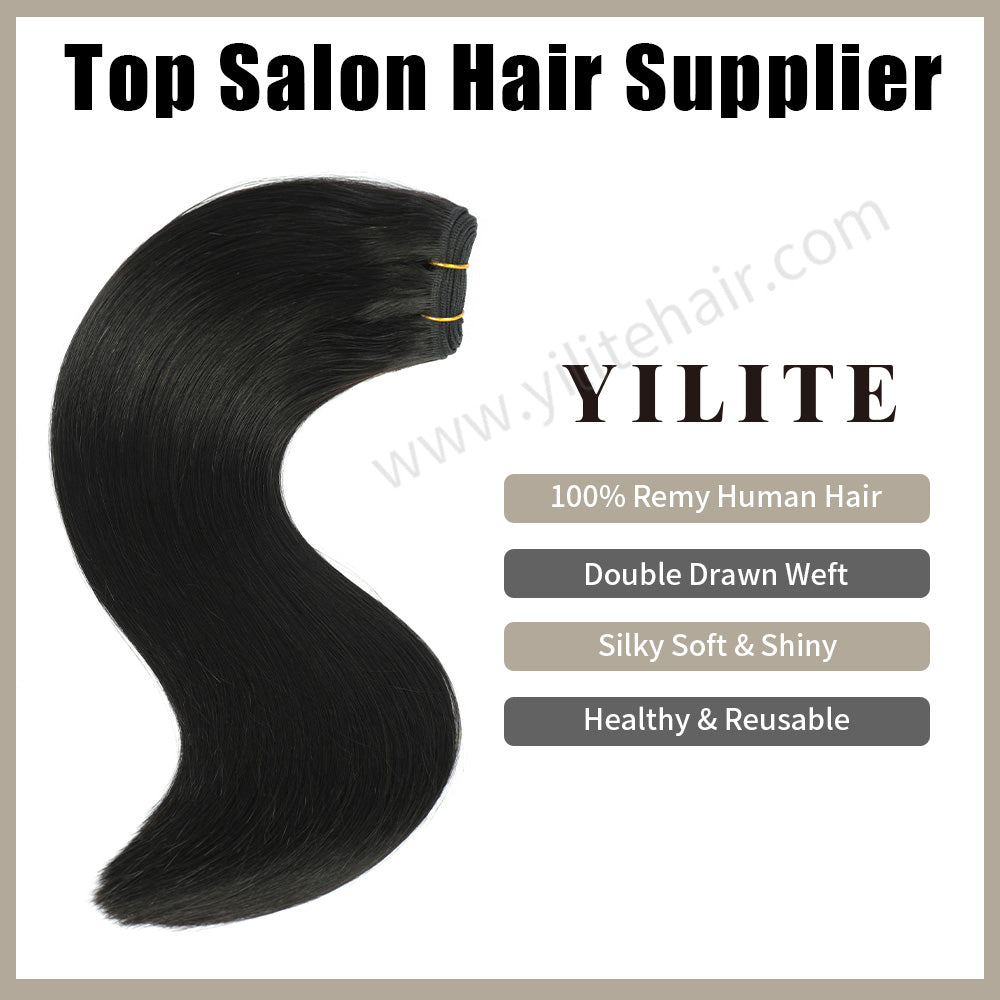 (#1B) Natural Black Sew In Weft: 100% Virgin Human Hair, Double Drawn, Shiny & Reusable