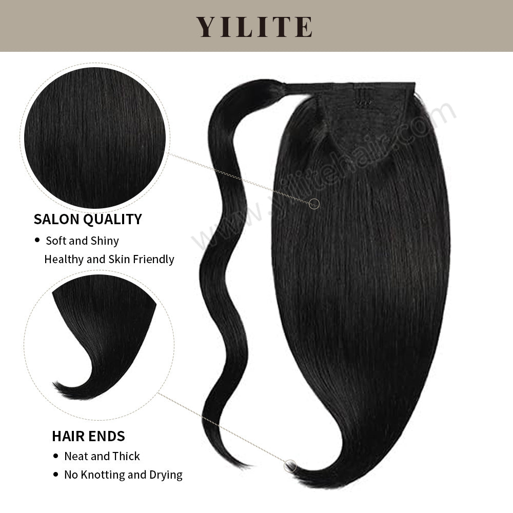 (#1) Jet Black Wrap Around Ponytail Extension with Salon Quality and Thick Ends
