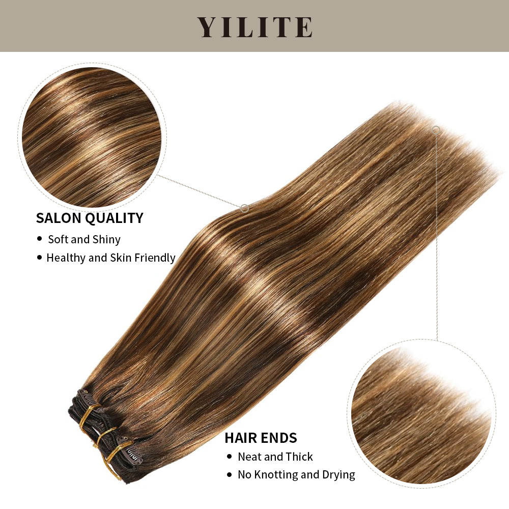 (#P4/27/T4) Chocolate Brown to Caramel Blonde Classic Clip Ins with salon quality and hair ends 