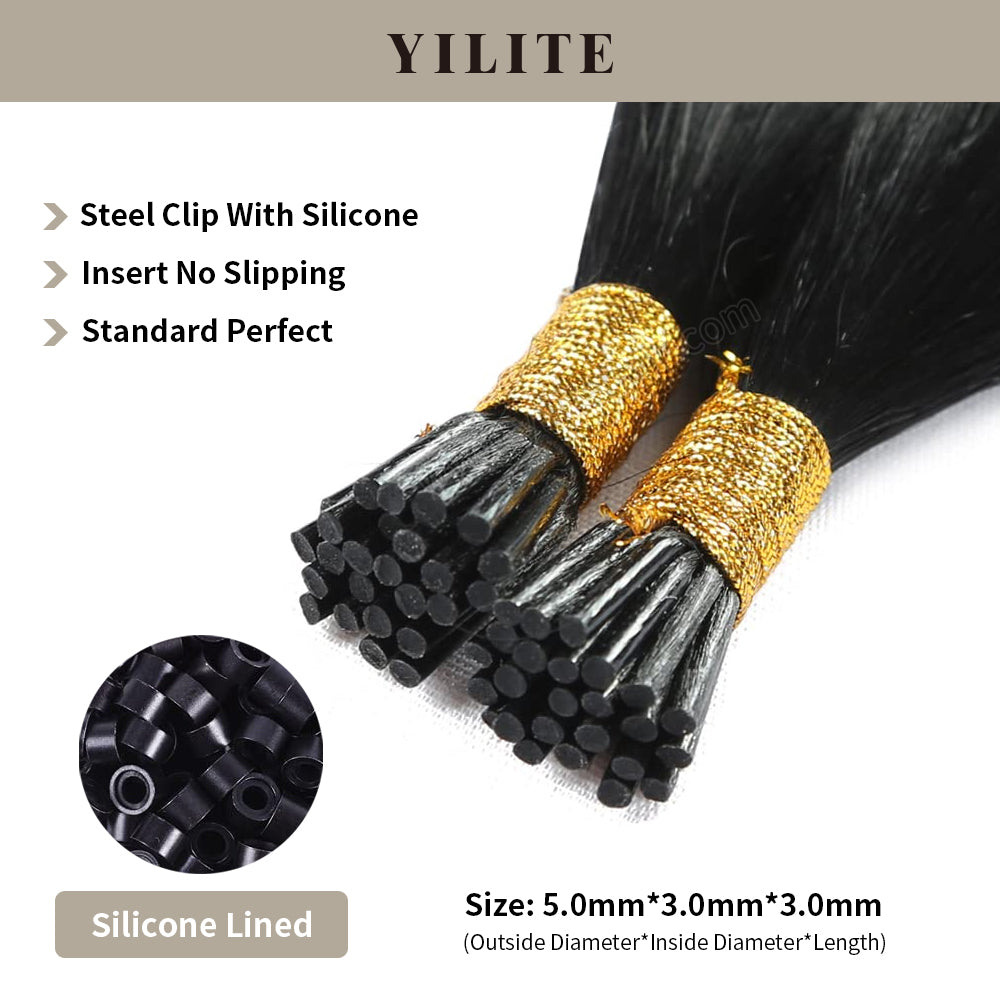 (#1) Jet Black I Tip Extensions Shown with Silicone-Lined Beads for Illustration (5.0×3.0×3.0mm)