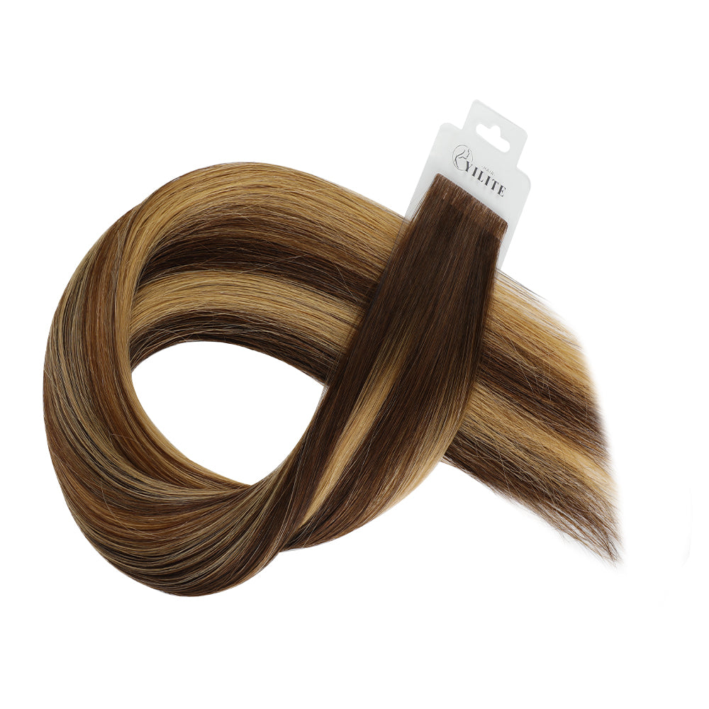 YiliteVip (#P4/27/T4) Chocolate Brown to Caramel Blonde Invisible Tape In Extensions 20Pcs