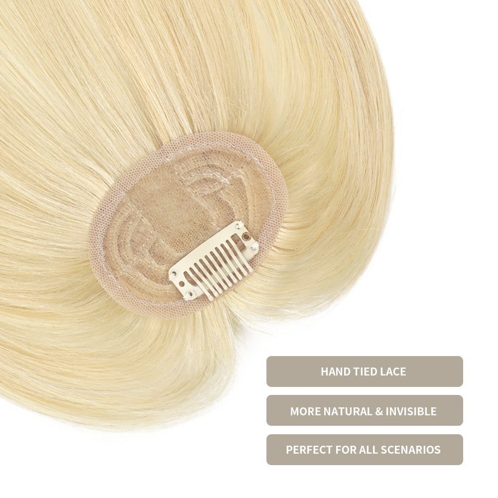 Close-up of (#613) Bleach Blonde Clip In Bangs, Hand-Tied Lace, More Natural