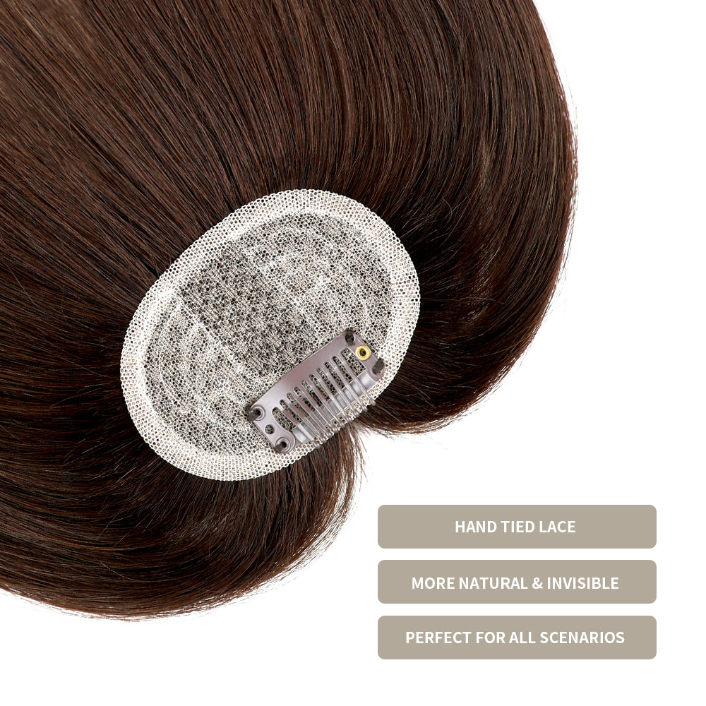 Close-up of (#2) Darkest Brown Clip In Bangs, Hand-Tied Lace, More Natural