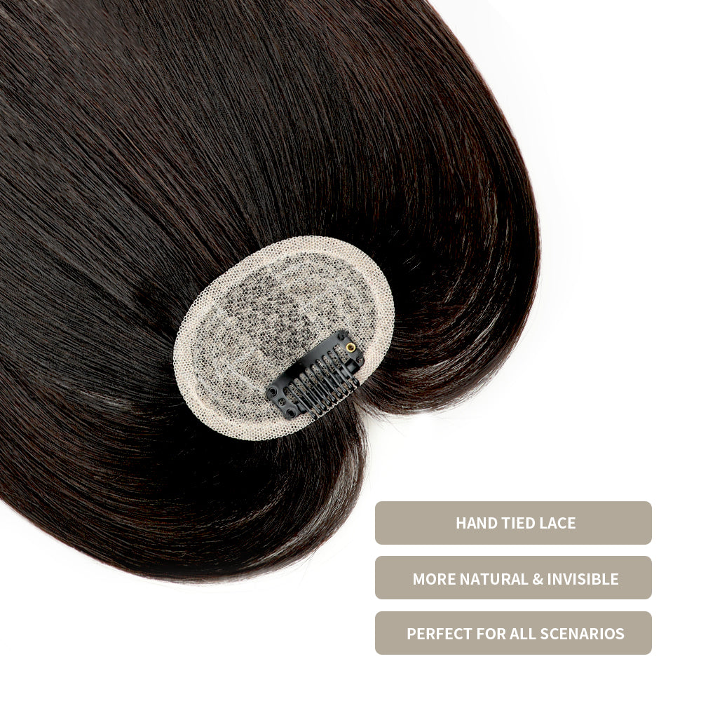 Close-up of (#1B) Natural Black Clip In Bangs, Hand-Tied Lace, More Natural