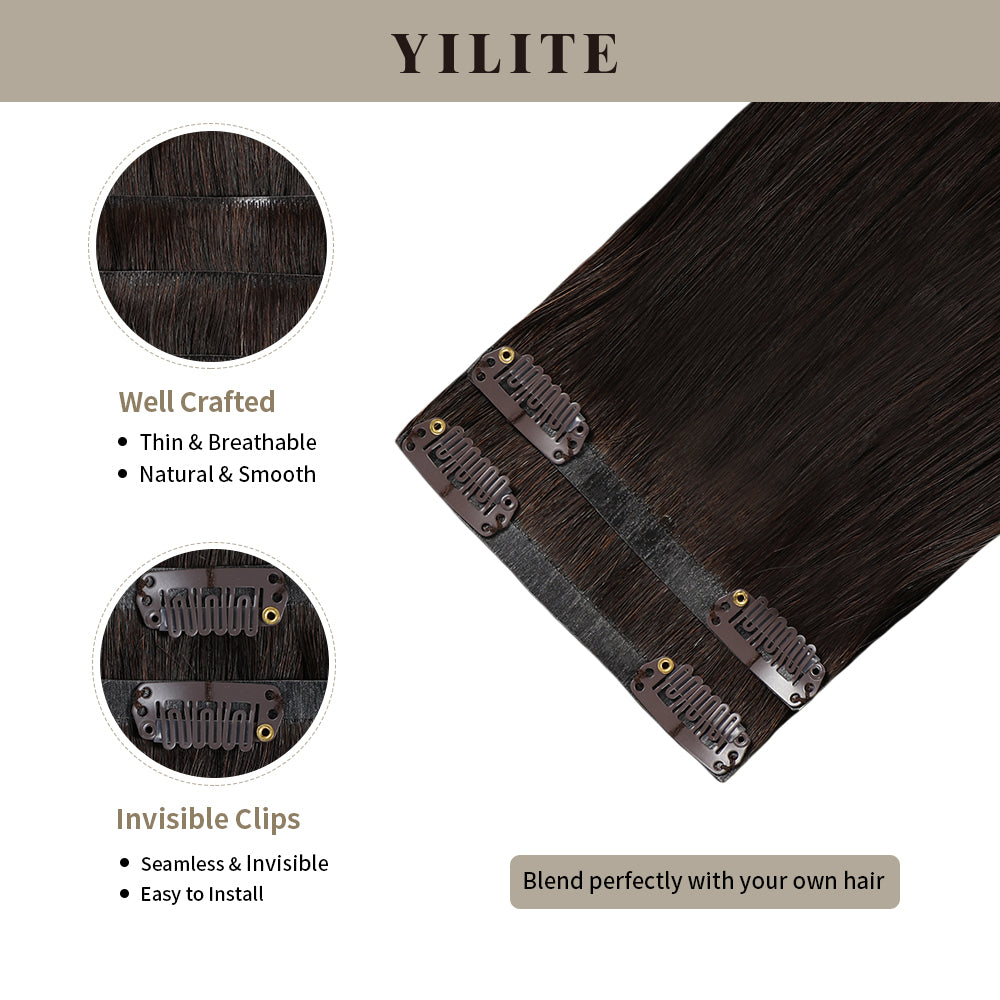 Clip In Hair Pads (2 Pieces) with Front View Thumbnail and Close-up of Clips (#2) Darkest Brown
