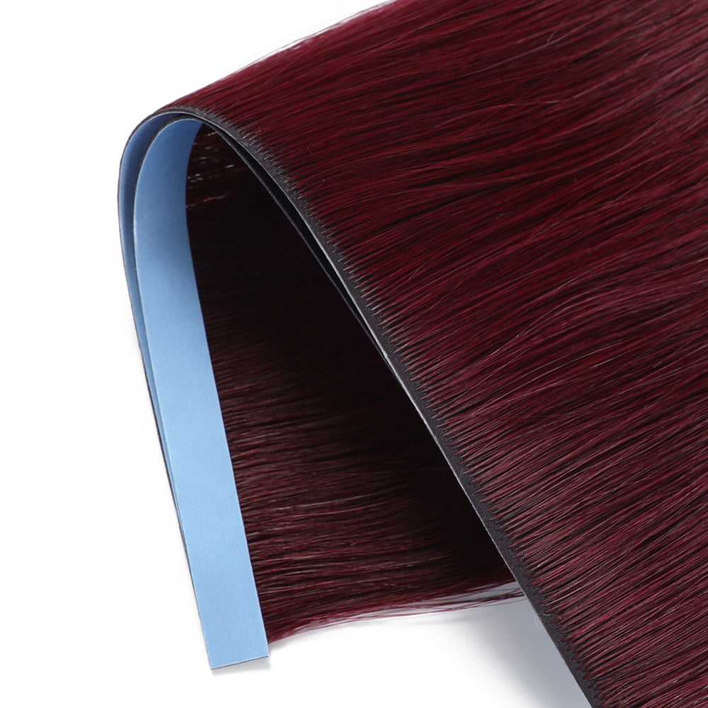 Zoomed View of (#99J) Burgundy Tape Weft Hair Extensions