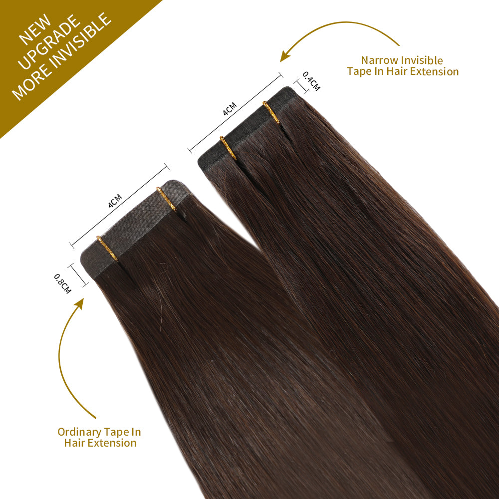 Comparison of Narrow Mini Tape In Hair Extensions vs Ordinary Tape In Extensions (#2) Darkest Brown