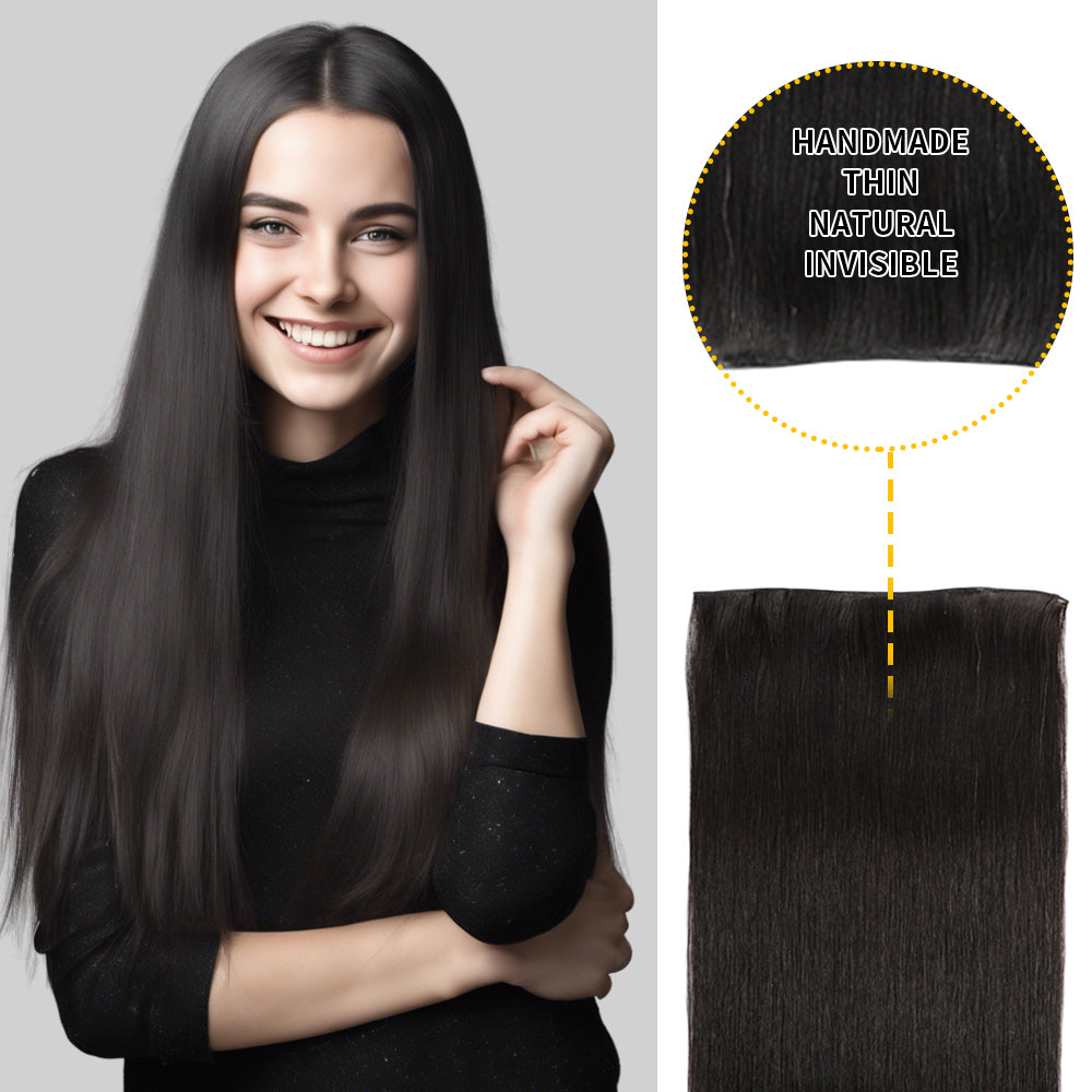 Model Showcasing (#1B) Natural Black Genius Wefts, Handmade, Thin, and Natural 