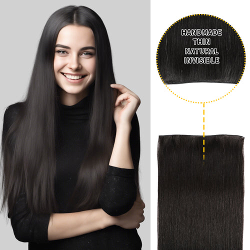 Model Showcasing (#1B) Natural Black Genius Wefts, Handmade, Thin, and Natural 
