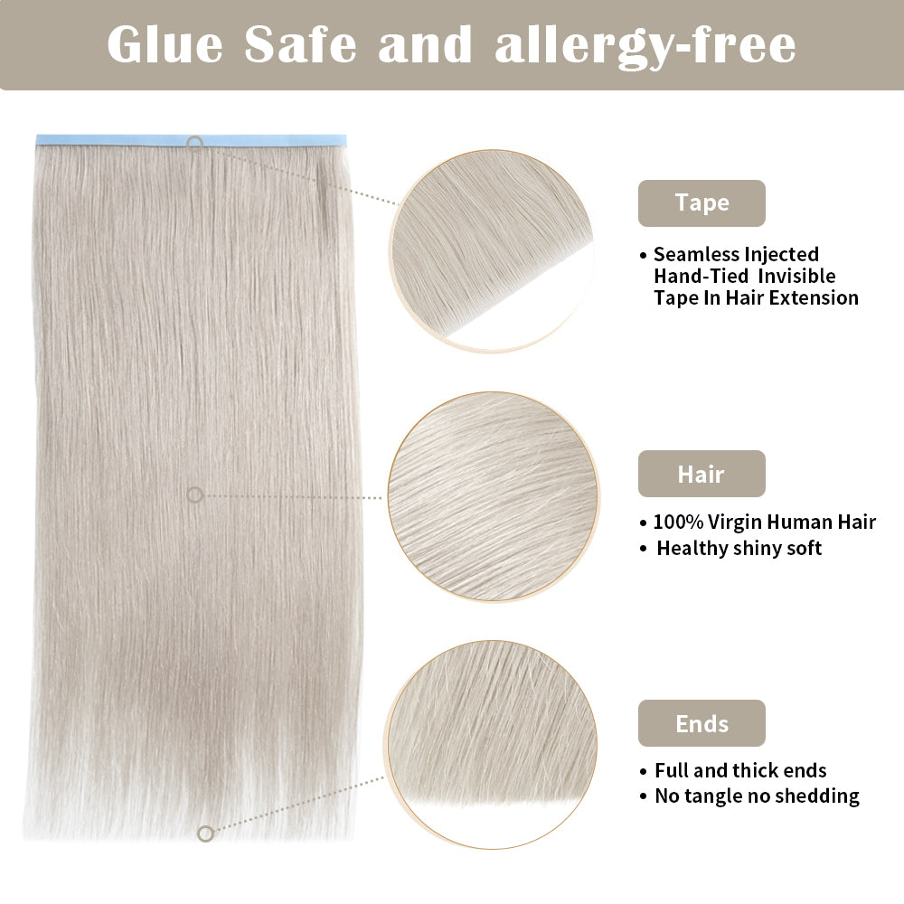 Details of Silver Tape Weft Hair Extensions: Seamless Tape, Virgin Hair, Thick Ends