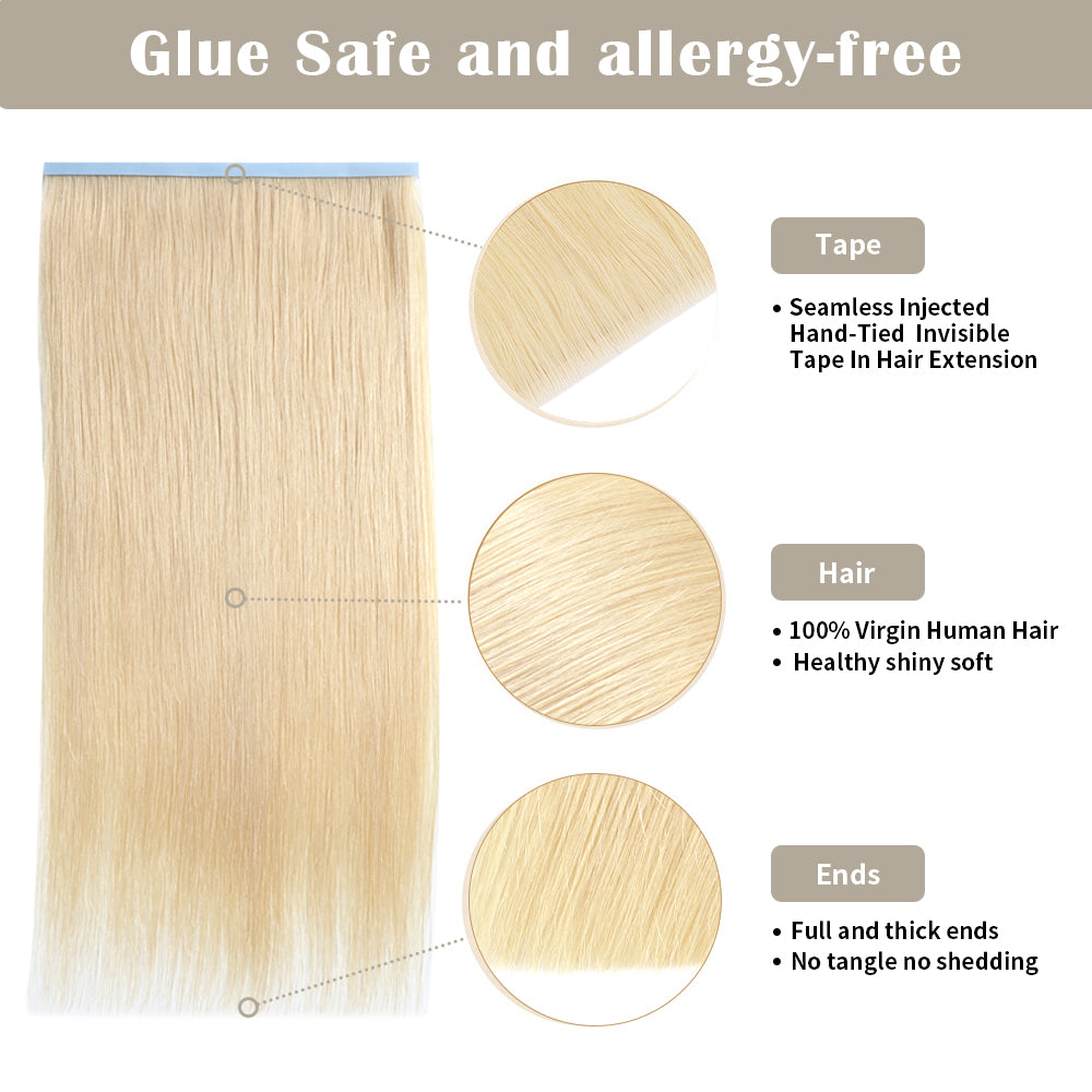 Details of (#613) Bleach Blonde Tape Weft Extensions: Seamless Tape, Virgin Hair, Thick Ends