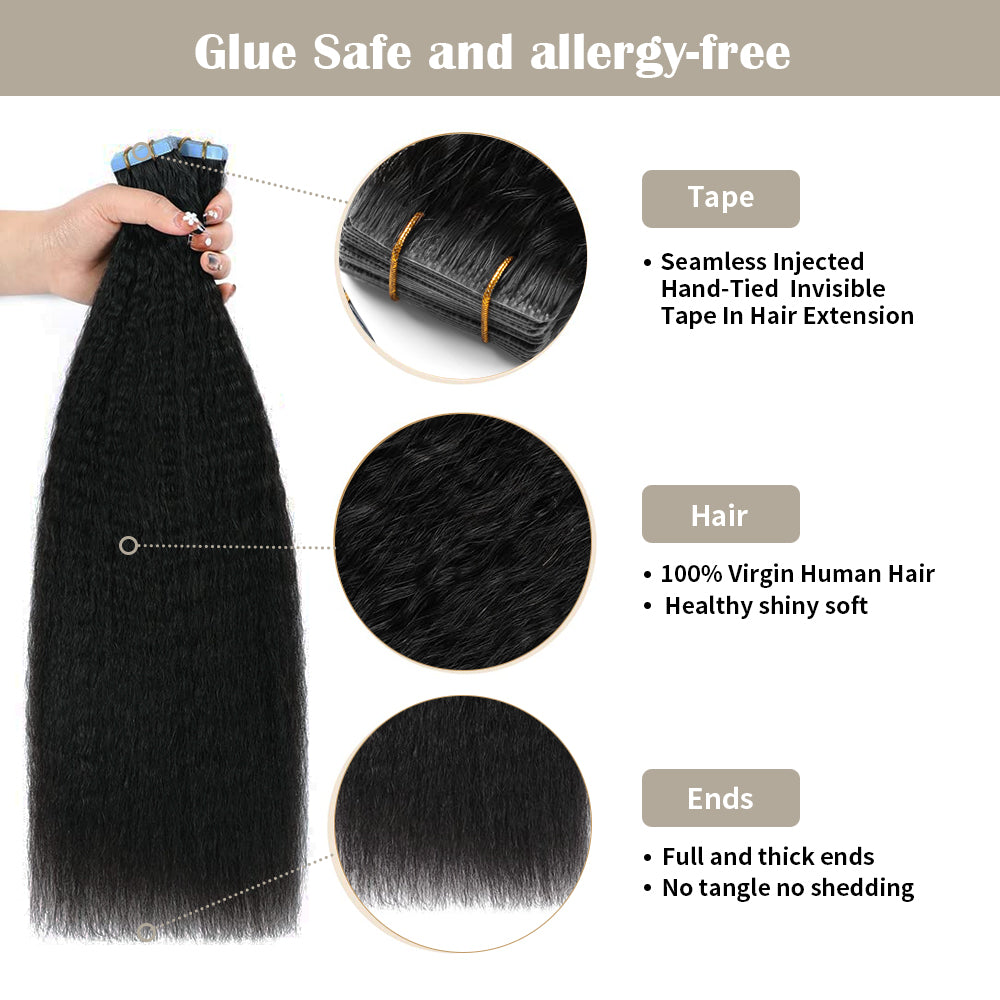 (#1) Jet Black Kinky Straight Invisible Tape Ins 20Pcs with Safety Tapes and Full Hair Ends