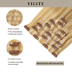 Seamless Clip Ins 7Pcs with Front View Thumbnail and Close-Up of Clips (#P27/613)