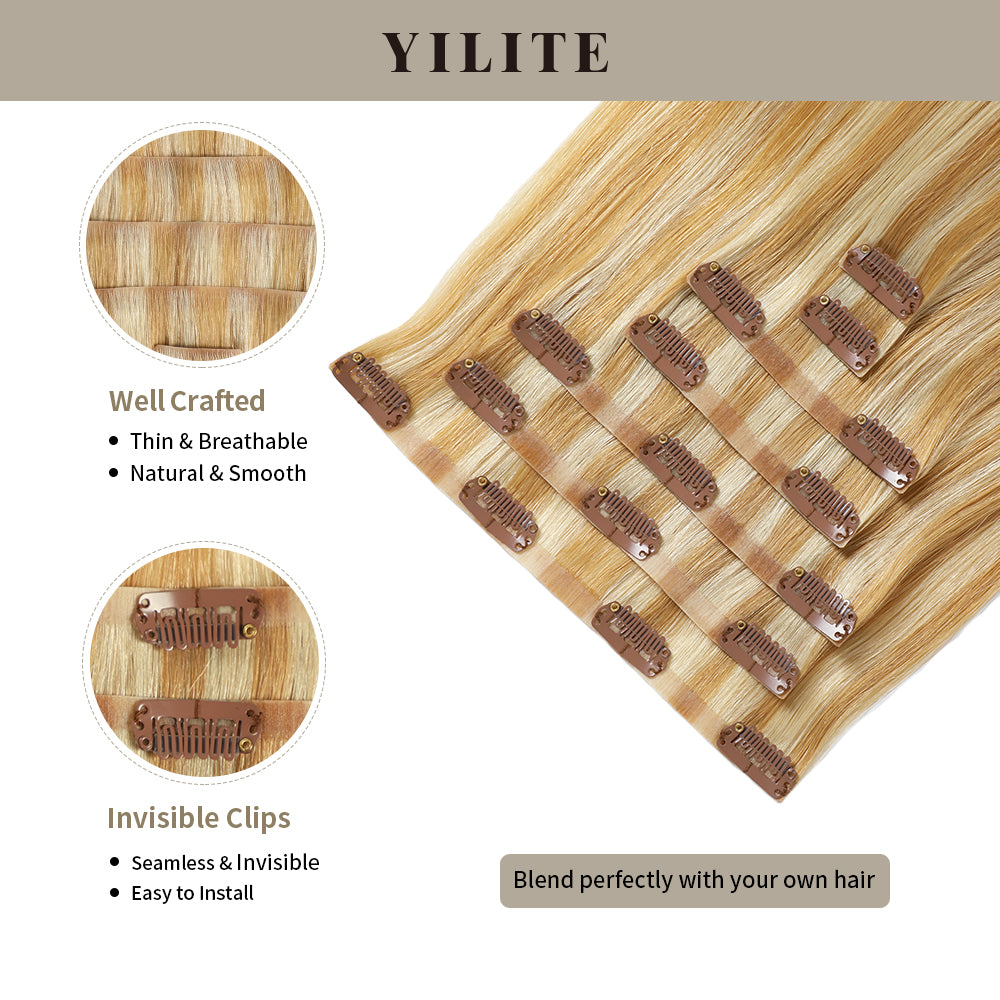 Seamless Clip Ins 7Pcs with Front View Thumbnail and Close-Up of Clips (#P27/613)