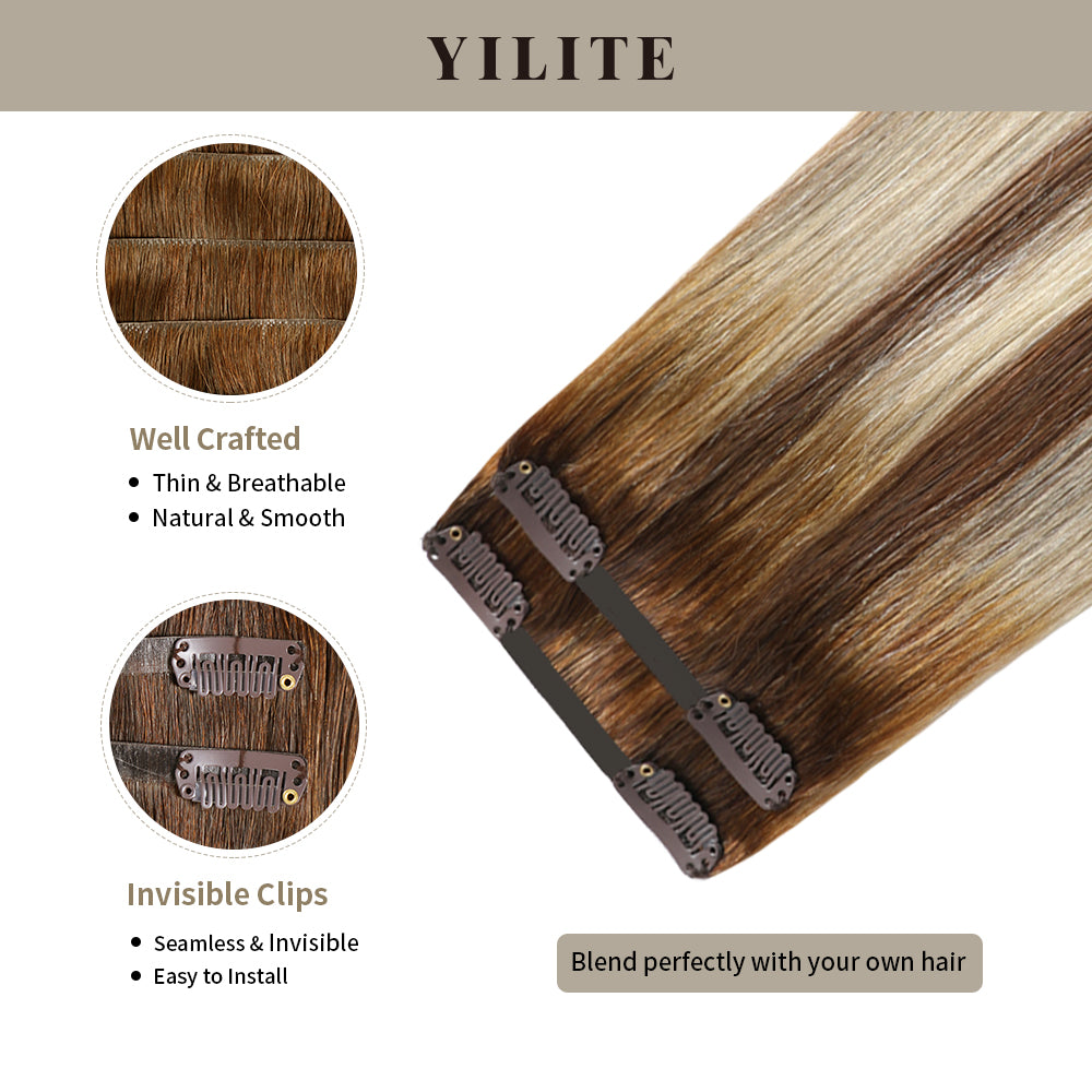 Clip In Hair Pads (2 Pieces) with Front View Thumbnail and Close-up of Clips (#P6/613/T4) 