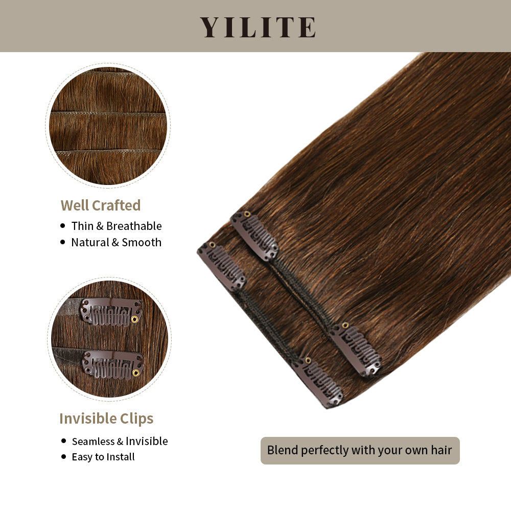 Clip In Hair Pads (2 Pieces) with Front View Thumbnail and Close-up of Clips (#4) Chocolate Brown