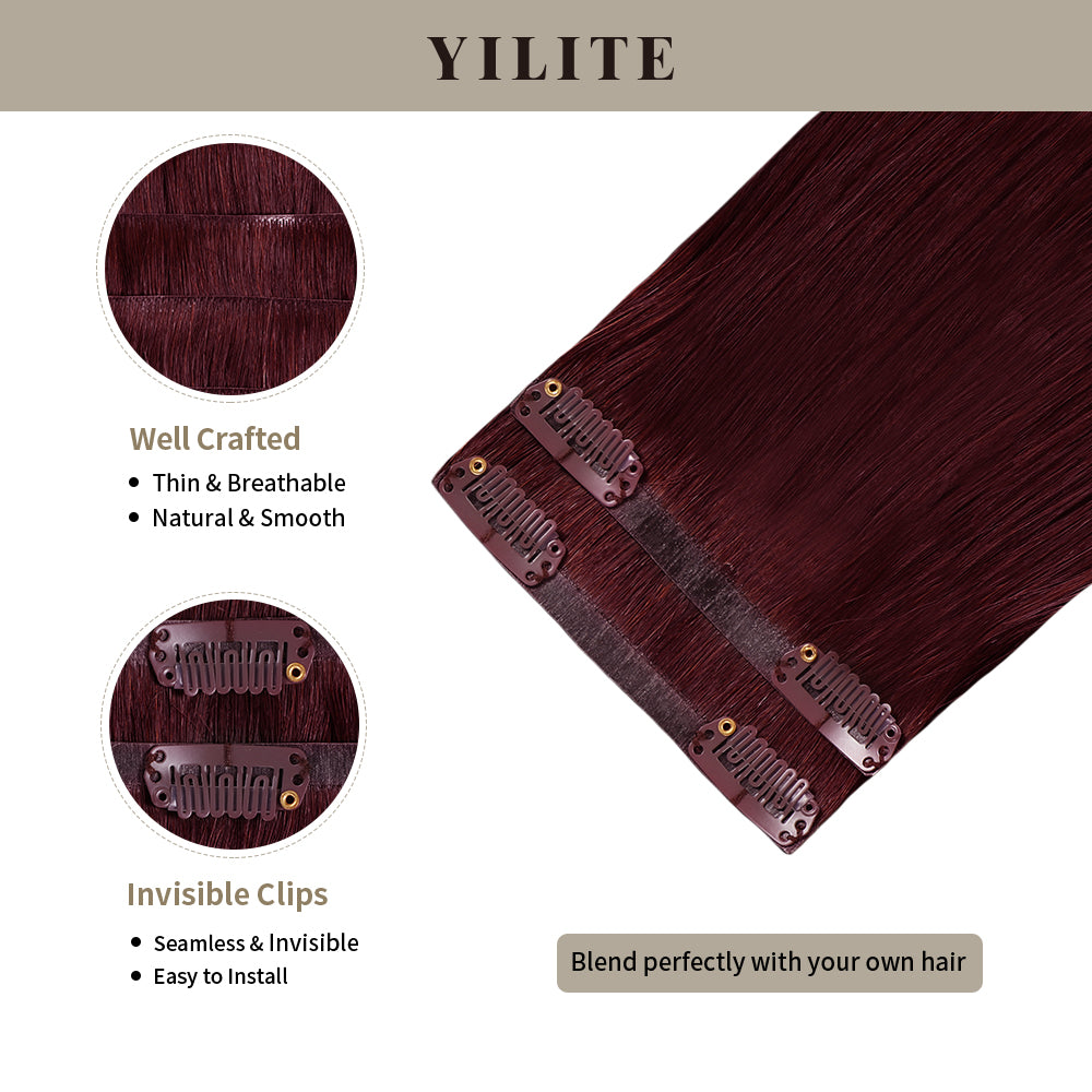 Clip In Hair Pads (2 Pieces) with Front View Thumbnail and Close-up of Clips (#99J) Burgundy