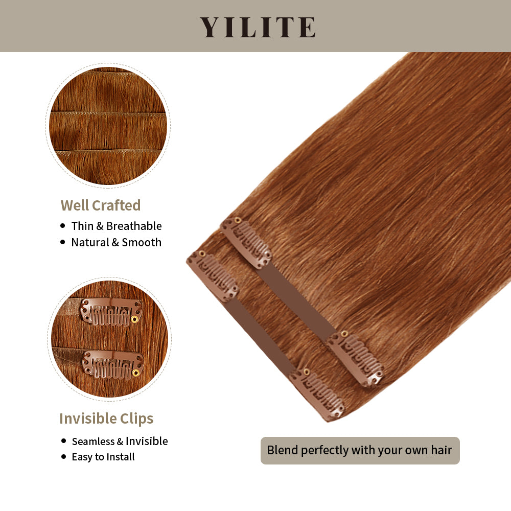 Clip In Hair Pads (2 Pieces) with Front View Thumbnail and Close-up of Clips (#33) Dark Auburn