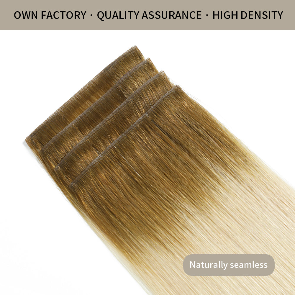 Front View of 2 Seamless Clip In Hair Pads (#T8/60) Light Brown to Platinum Blonde