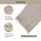 Clip In Hair Pads (2 Pieces) with Front View Thumbnail and Close-up of Clips Silver