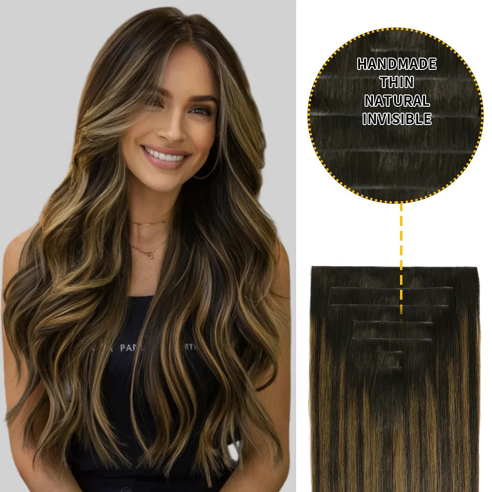 Model Wearing Seamless Clip Ins 7Pcs 16 Clips (#P1B/6/T1B) Natural Black Balayage