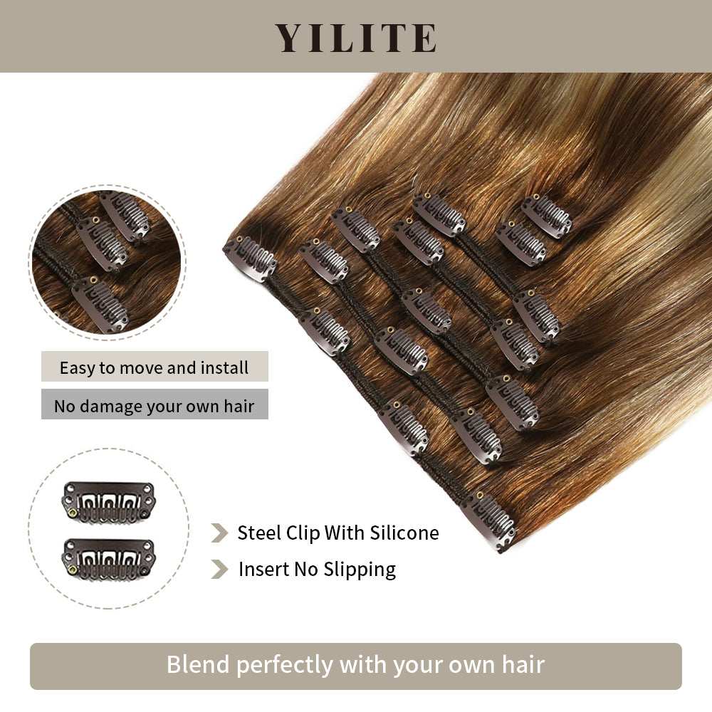 Close-up of (#P6/613/T4) Brown to Blonde Balayage Classic Clip Ins