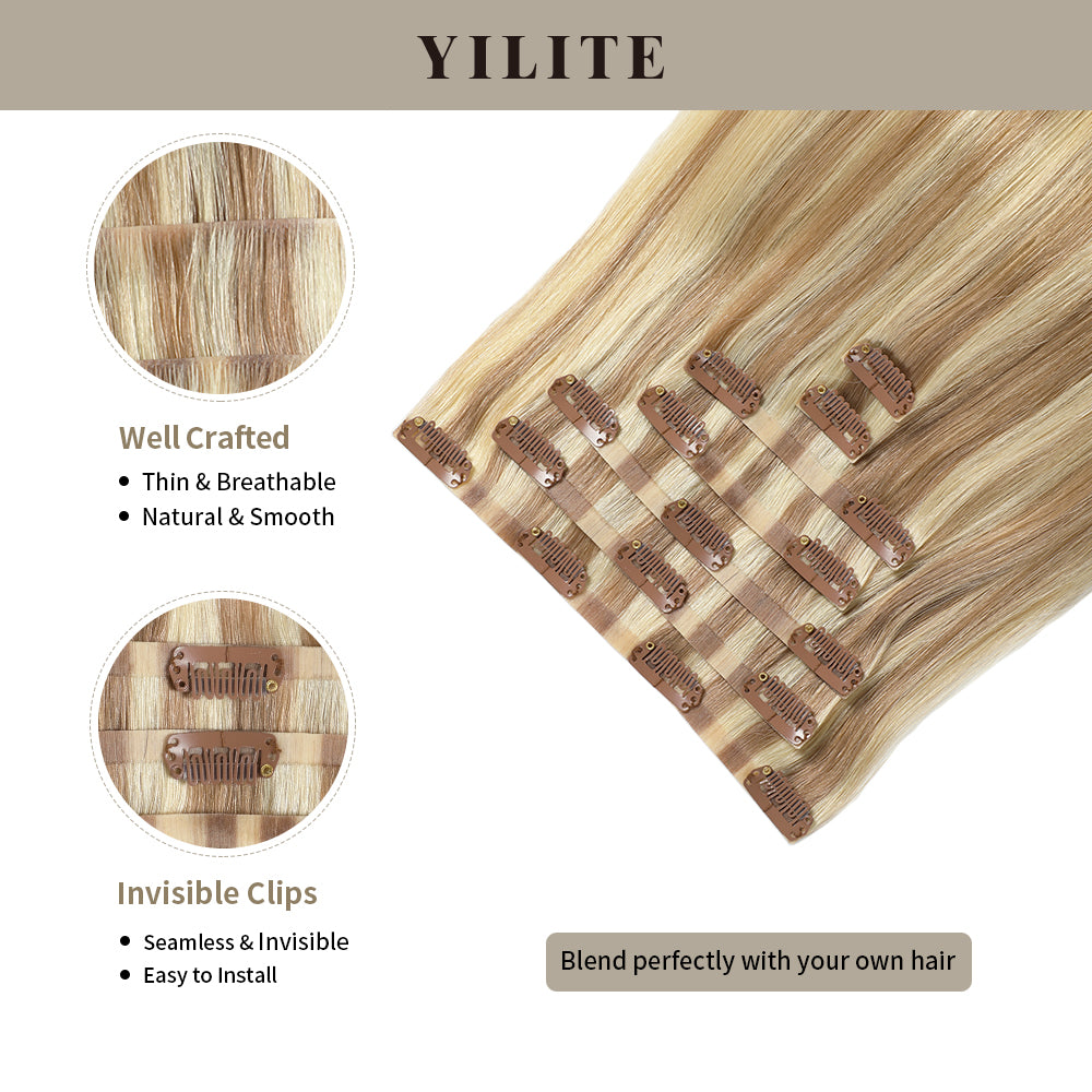 Seamless Clip Ins with Front View Thumbnail and Close-Up of Clips (#P18/613) Ash Blonde Highlights