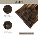 Seamless Clip Ins 7Pcs with Front View Thumbnail and Close-Up of Clips (#P6/613/T4)