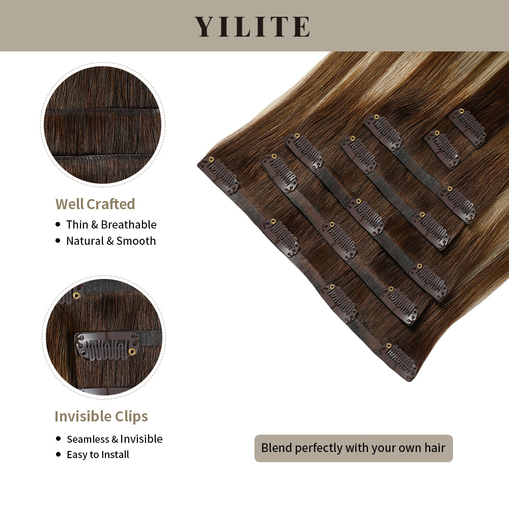 Seamless Clip Ins 7Pcs with Front View Thumbnail and Close-Up of Clips (#P6/613/T4)