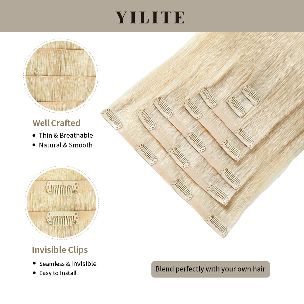 Seamless Clip Ins 7Pcs with Front View Thumbnail and Close-Up of Clips (#60) Platinum Blonde