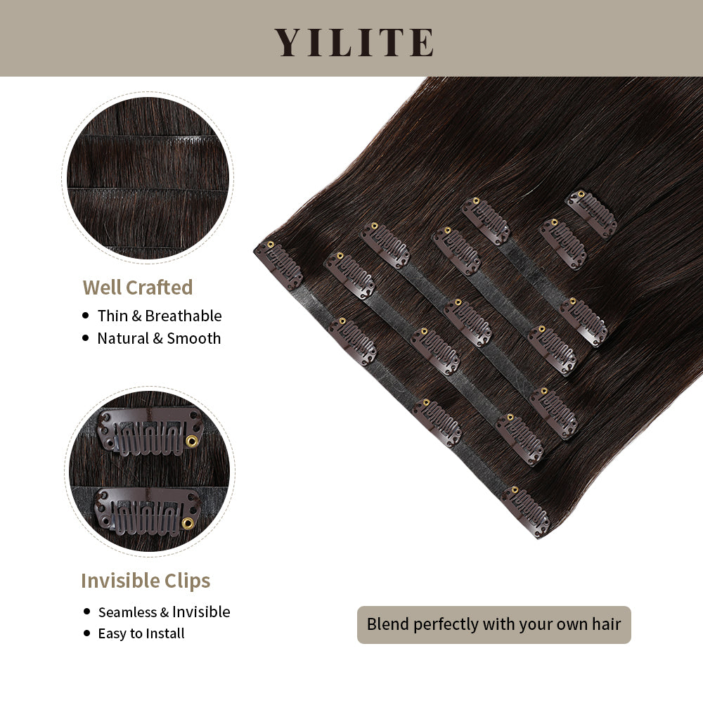 Seamless Clip Ins 7Pcs with Front View Thumbnail and Close-Up of Clips (#2) Darkest Brown