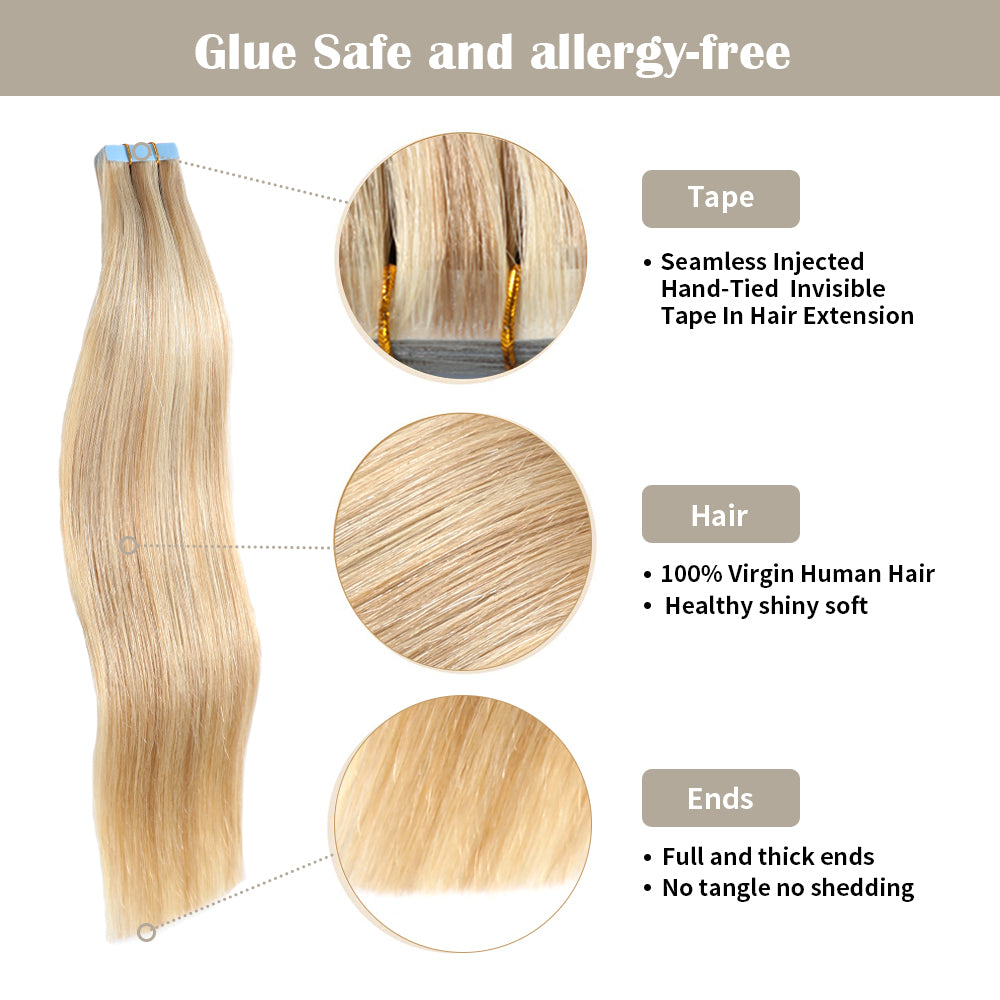 YiliteVip (#P18/613) Ash Blonde Highlights Invisible Tape In Extensions 20Pcs