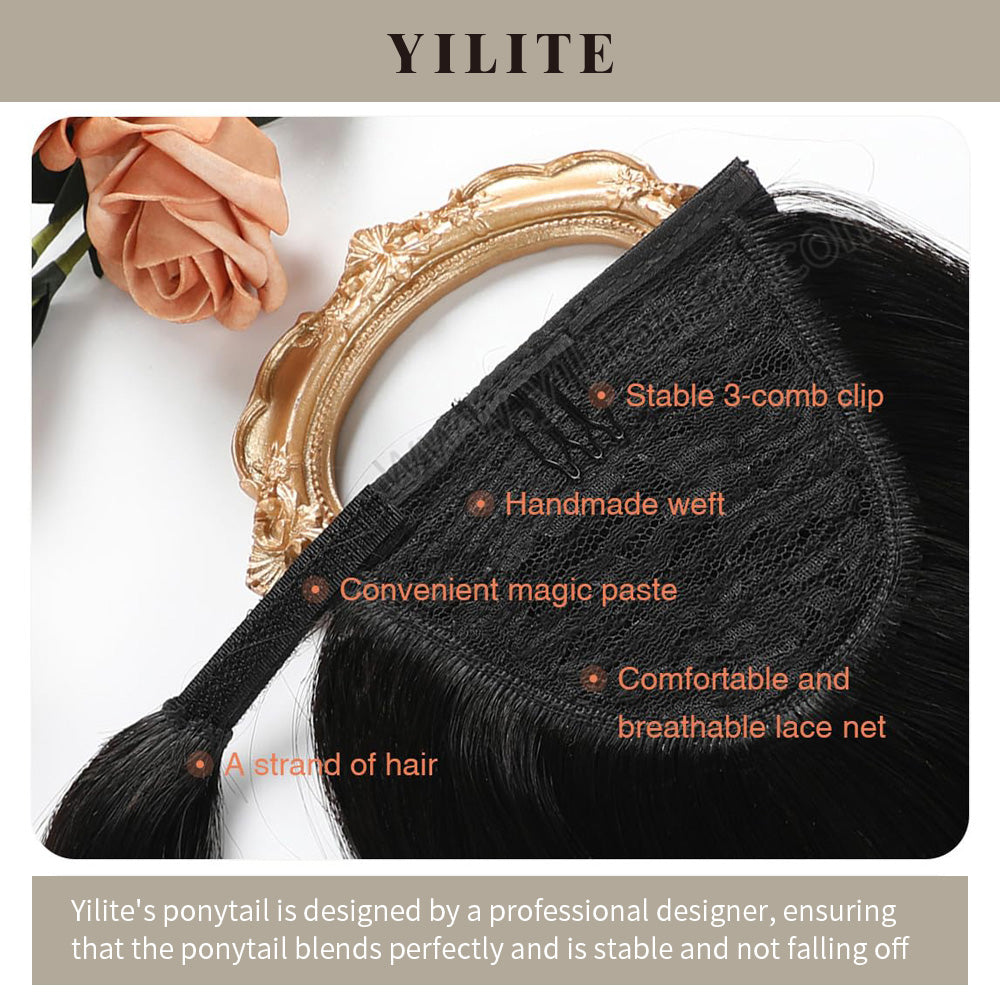 Close-Up Showing Details of (#1B) Natural Black Wrap Around Ponytail Extension