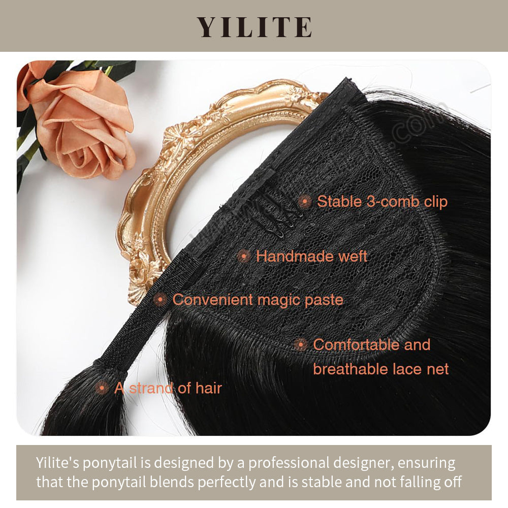 Close-Up Showing Details of (#1) Jet Black Wrap Around Ponytail Extension 