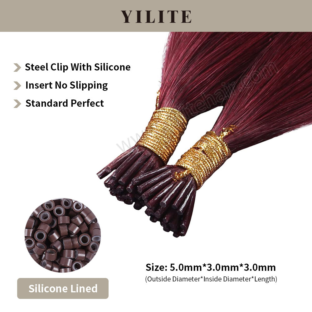 (#99J) Burgundy I Tip Extensions Shown with Silicone-Lined Beads for Illustration (5.0×3.0×3.0mm)