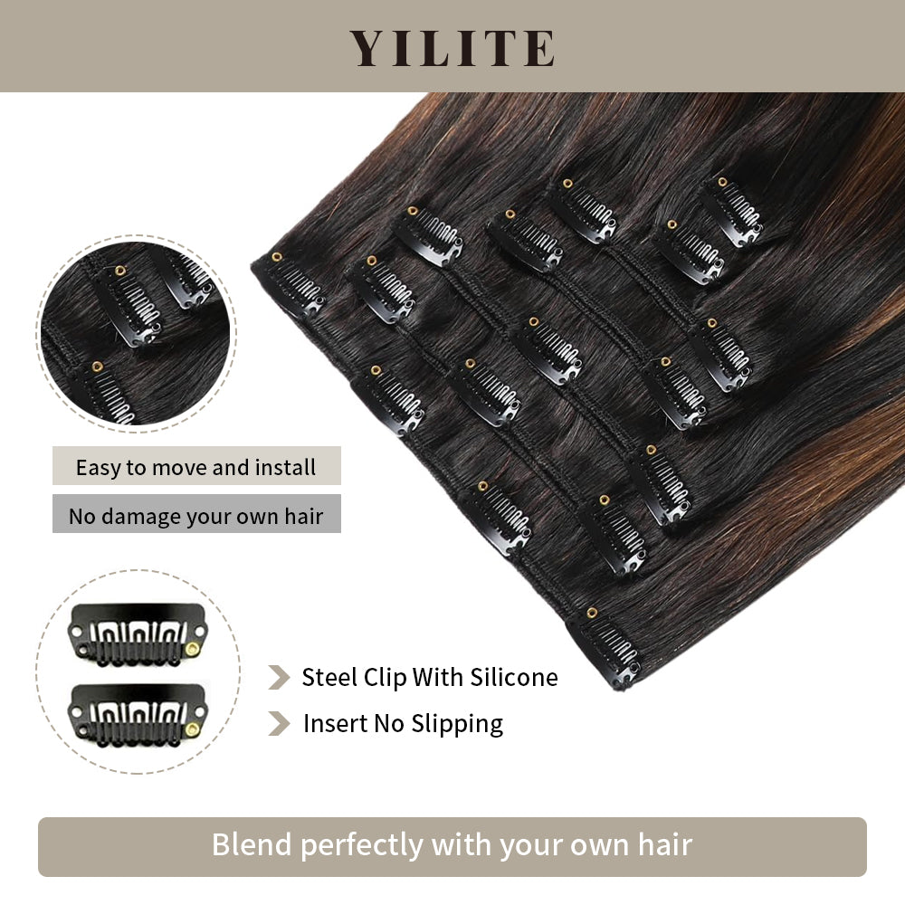 Close-up of (#P1B/6/T1B) Natural Black Balayage Classic Clip Ins