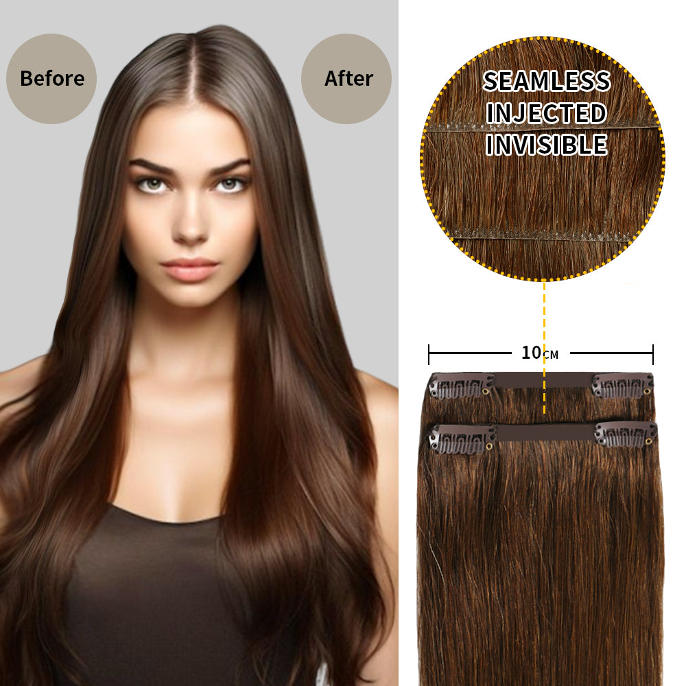 Before and After Wearing (#4) Chocolate Brown Seamless Clip In Hair Pads, 10cm Wide Piece
