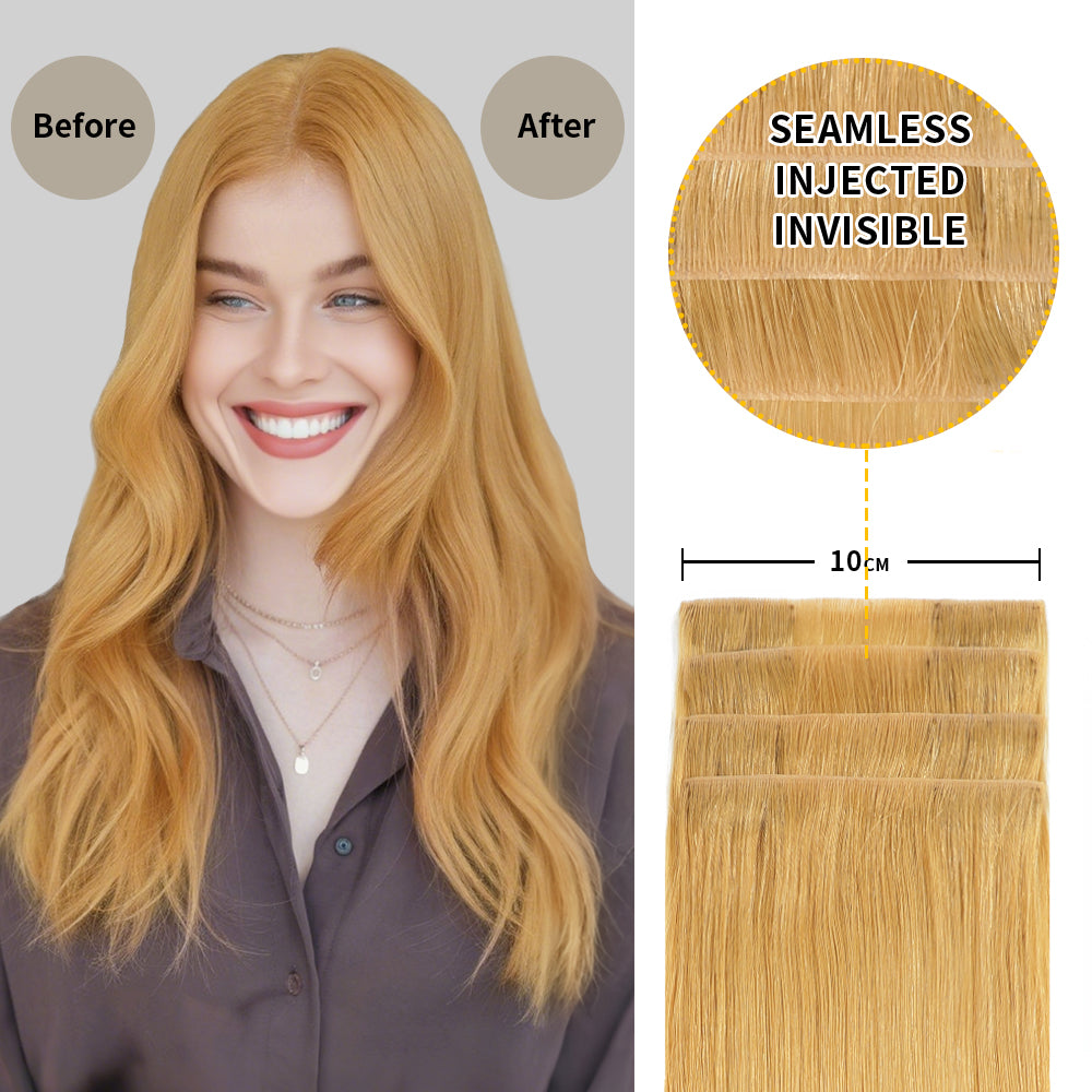 Before and After Wearing (#27) Strawberry Blonde Seamless Clip In Hair Pads, 10cm Wide Piece 