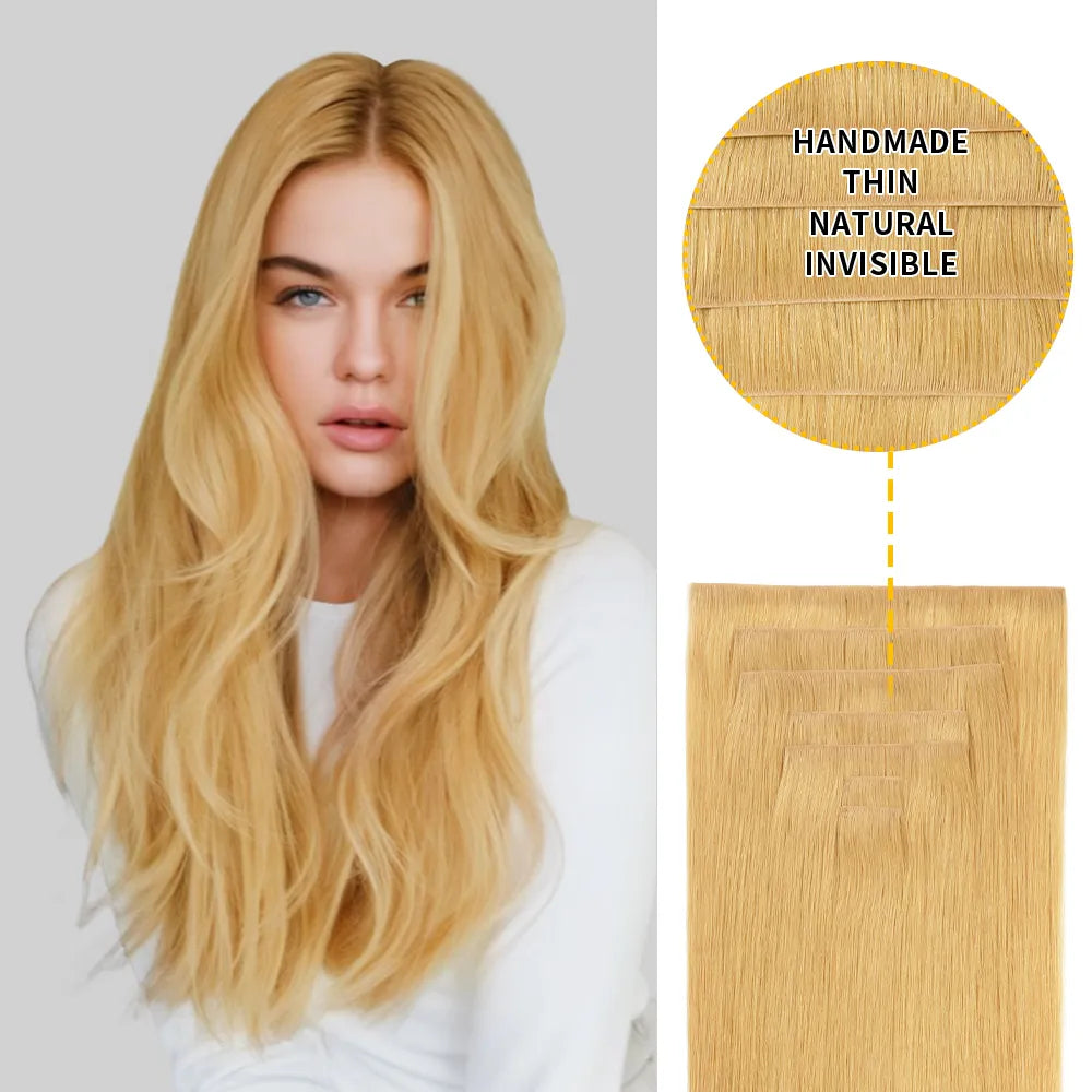 Model Wearing Seamless Clip Ins 7Pcs 16 Clips (#27) Strawberry Blonde