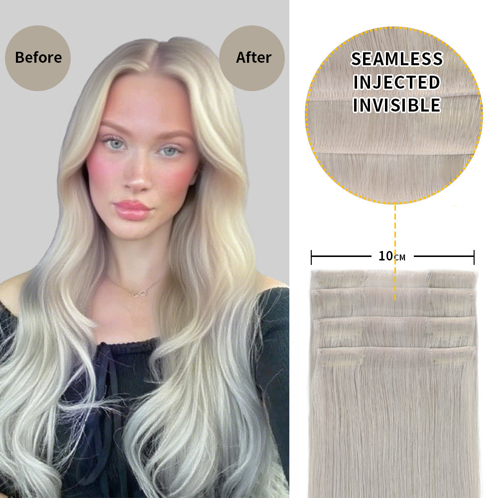 Before and After Wearing Silver Seamless Clip In Hair Pads, 10cm Wide Piece