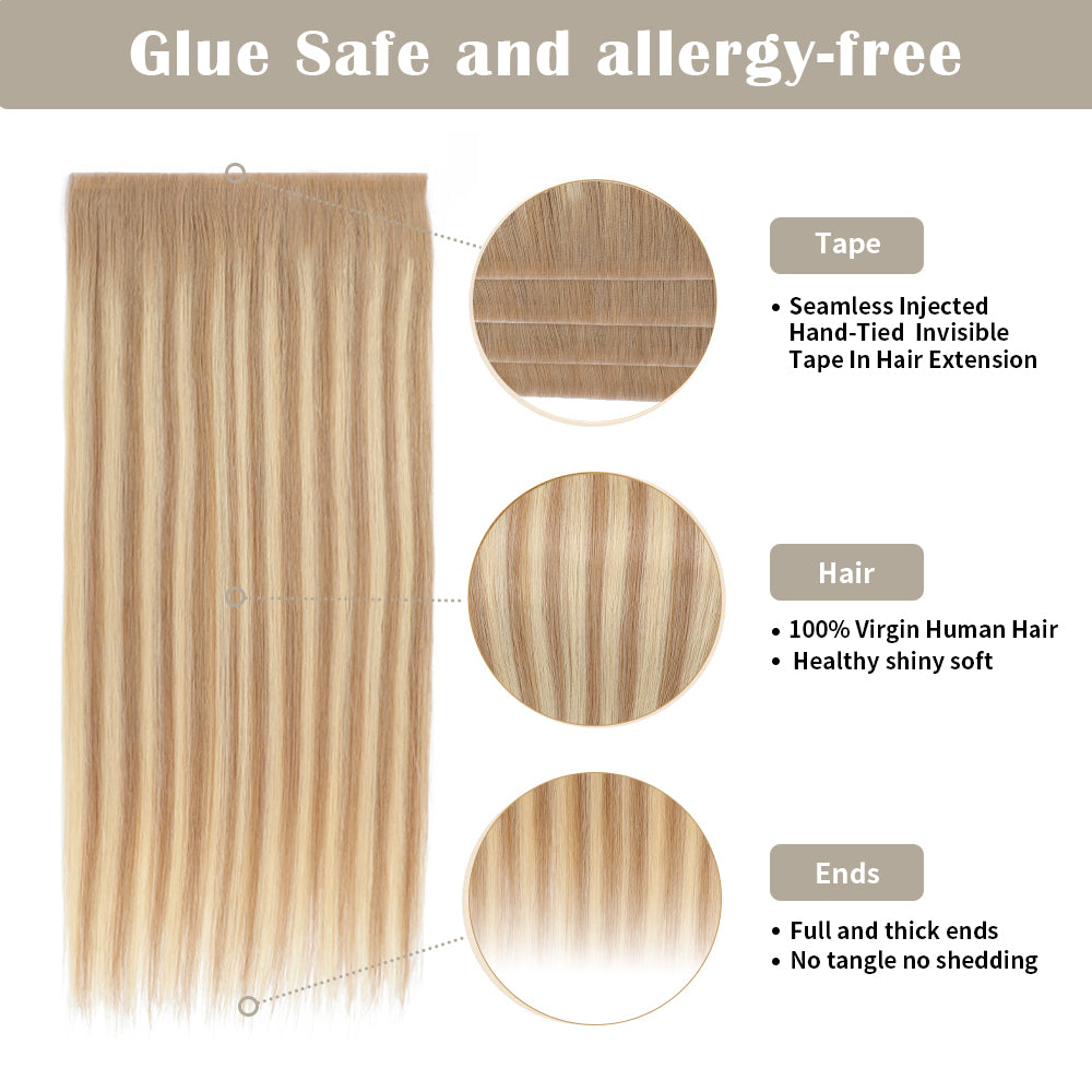 Details of (#T18/18/613) Tape Weft Hair Extensions: Seamless Tape, Virgin Hair, Thick Ends