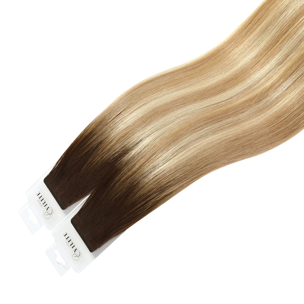 YiliteVip (#T2/P18/60) Darkest Brown with Ash Blonde Balayage Mini Tape In Hair Extensions 20Pcs