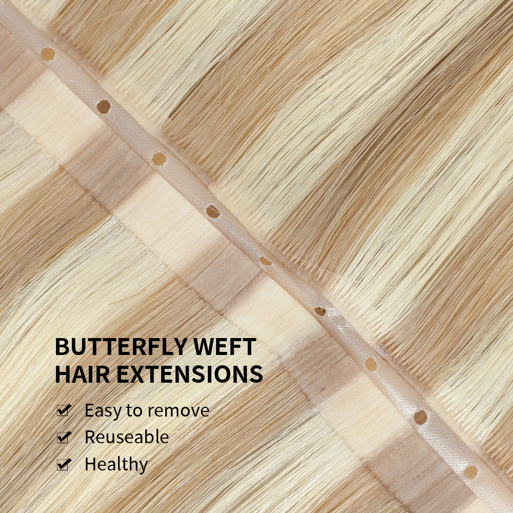 YiliteVip (#P18/613) Ash Blonde Highlights Butterfly Weft Hair Extensions