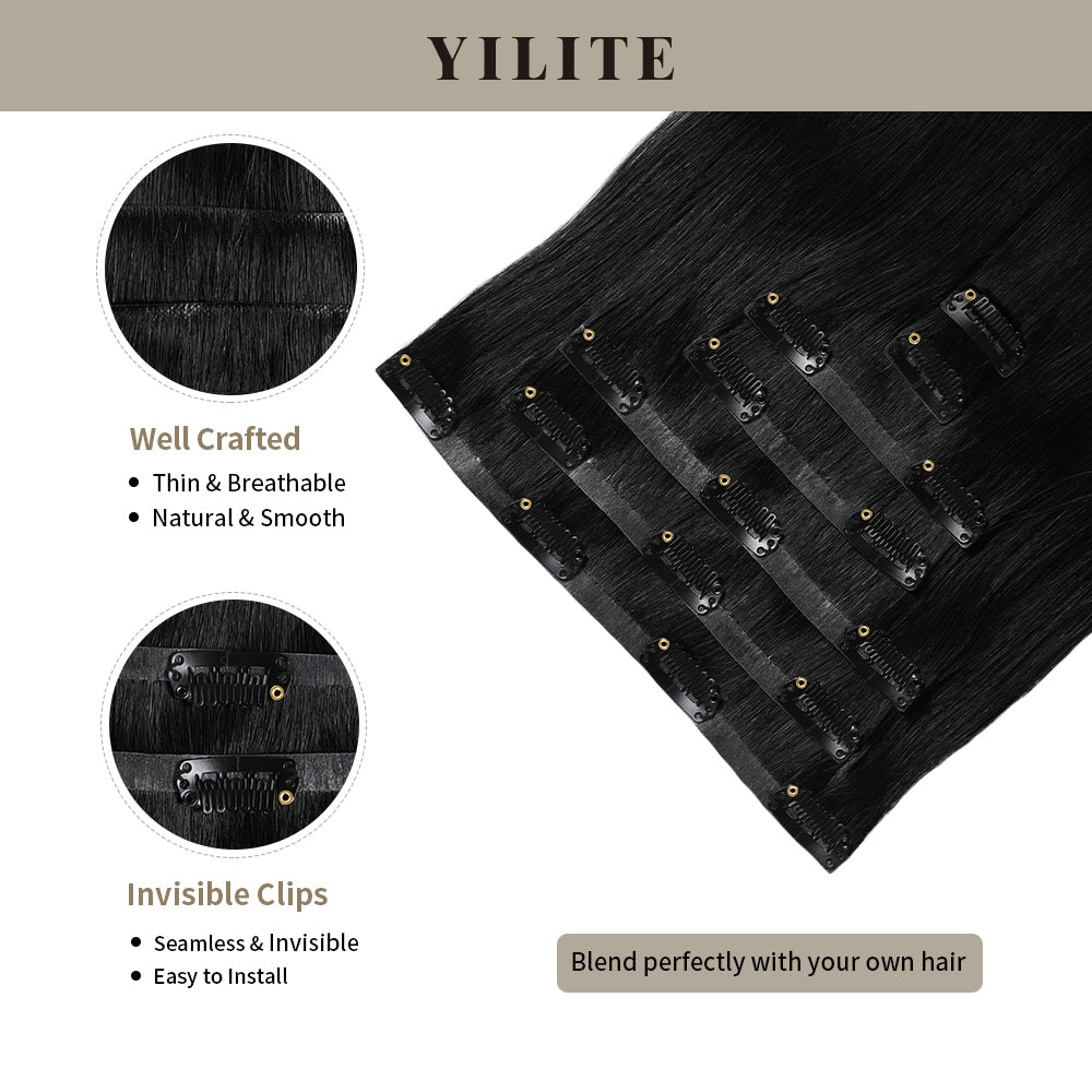 Seamless Clip Ins 7Pcs with Front View Thumbnail and Close-Up of Clips (#1) Jet Black