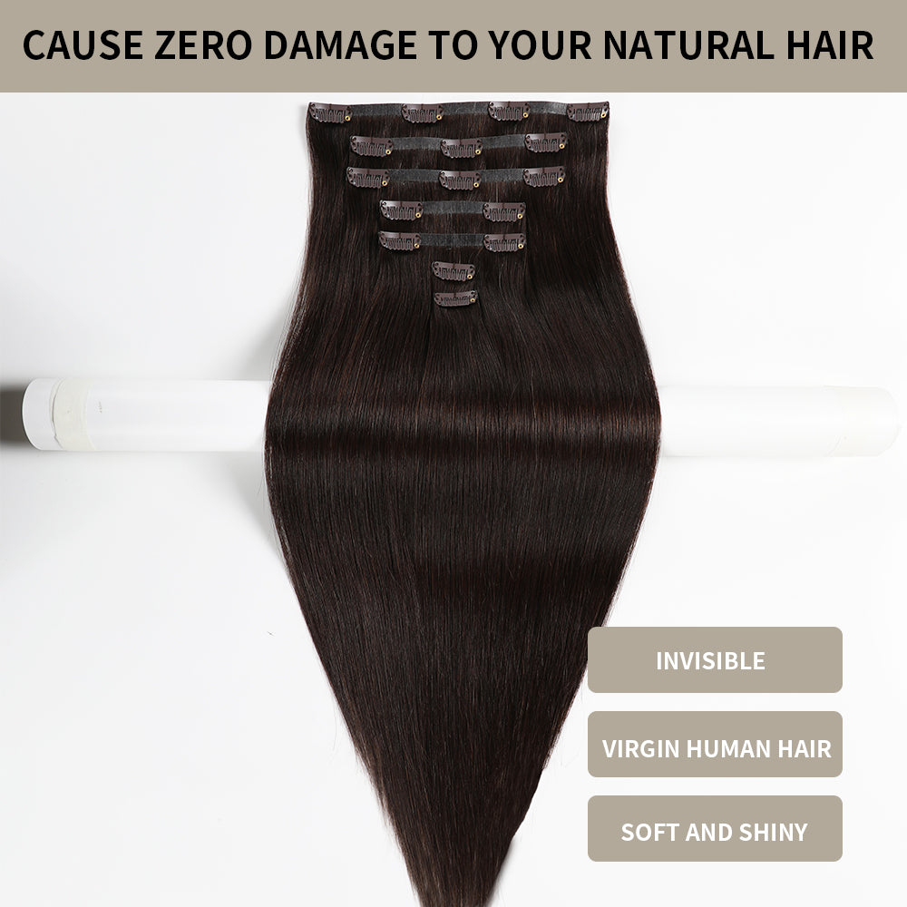 (#2) Darkest Brown Seamless Clip-In Extensions with Invisible Clips, Virgin Human Hair