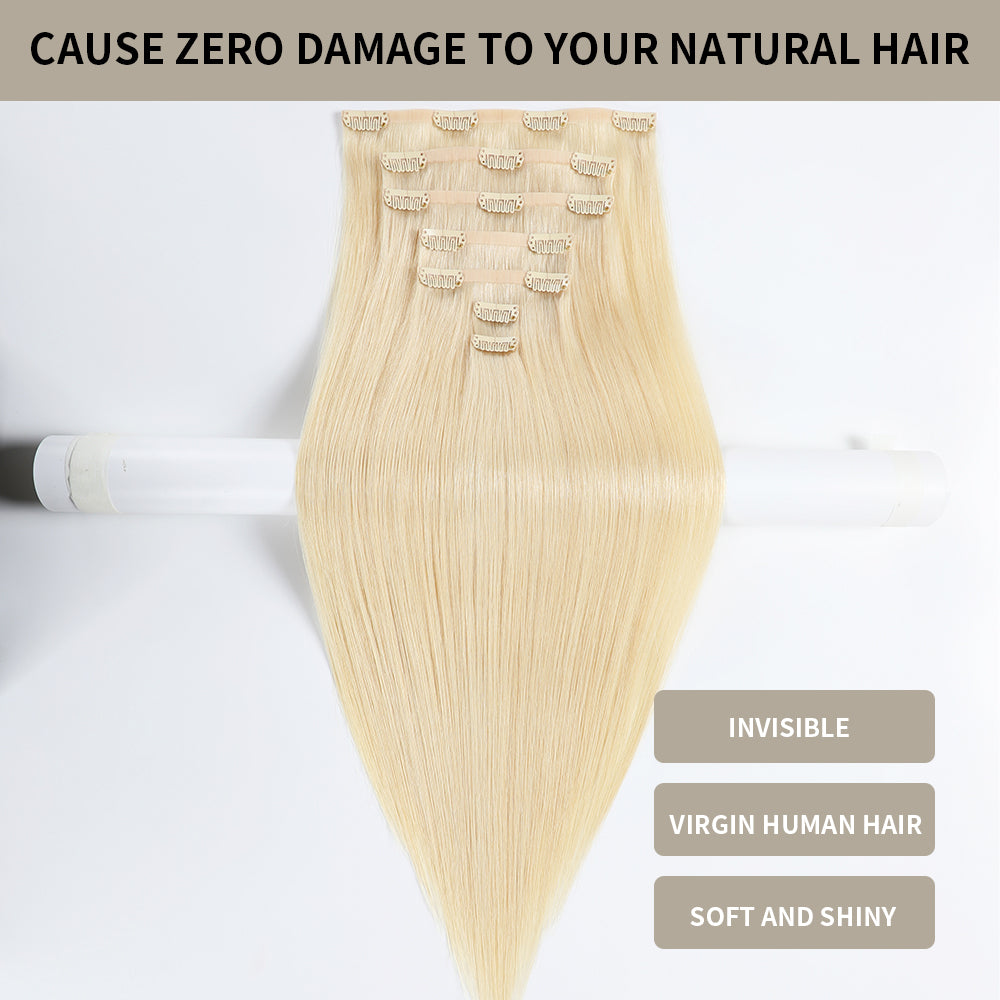 (#60) Platinum Blonde Seamless Clip-In Extensions with Invisible Clips, Virgin Human Hair