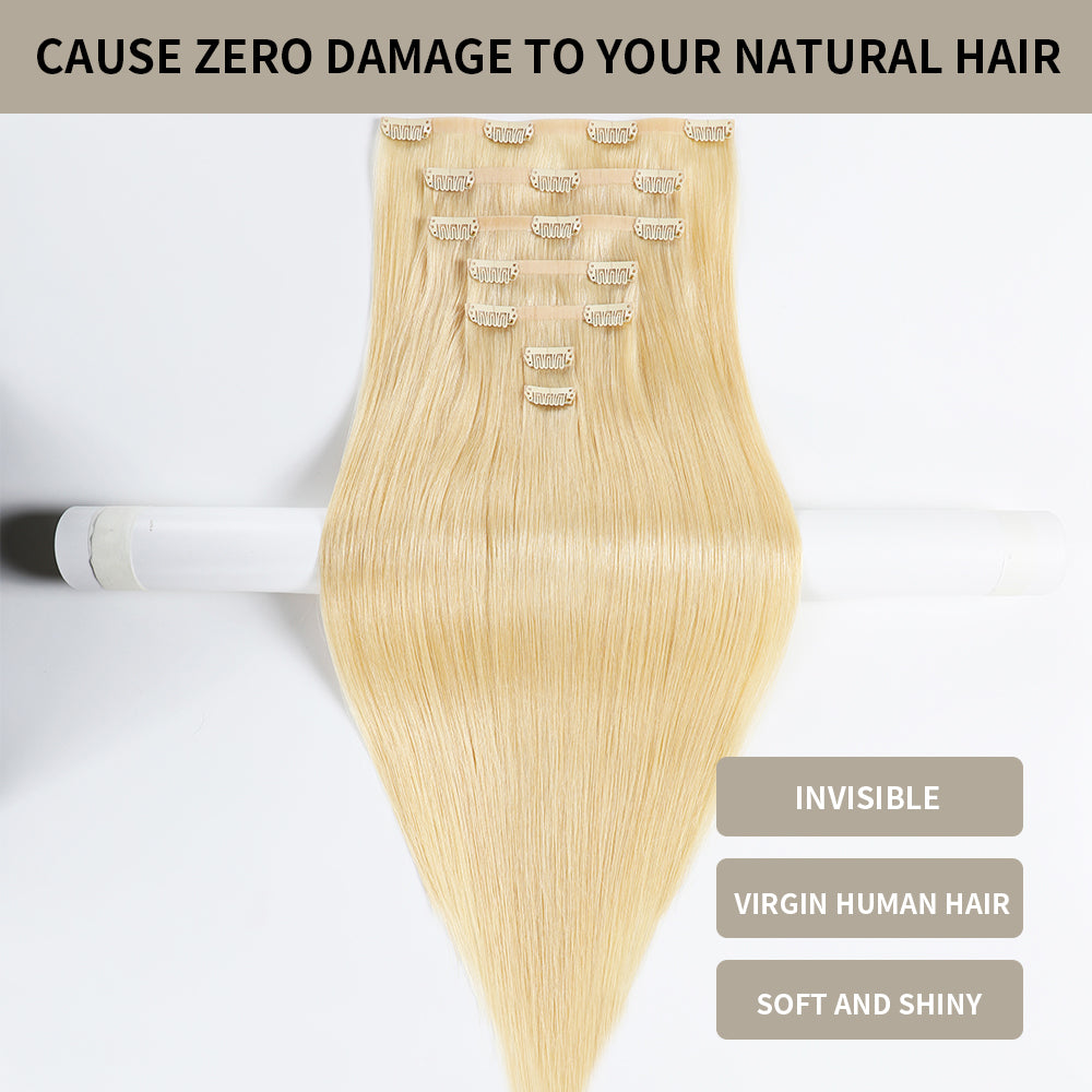 (#613) Bleach Blonde Seamless Clip-In Extensions with Invisible Clips, Virgin Human Hair