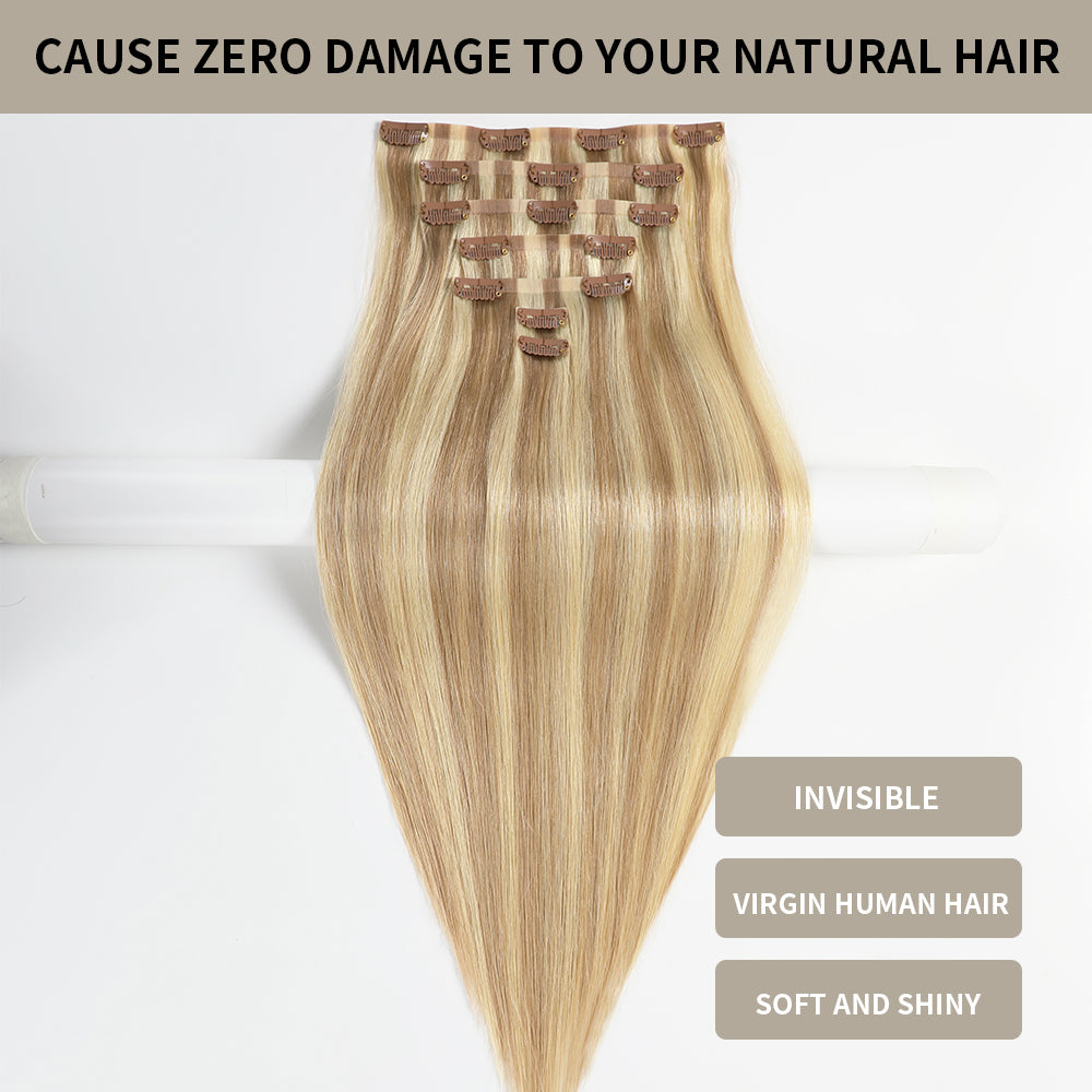 (#P18/613) Ash Blonde Highlights Seamless Clip-In Extensions with Invisible Clips, Virgin Human Hair
