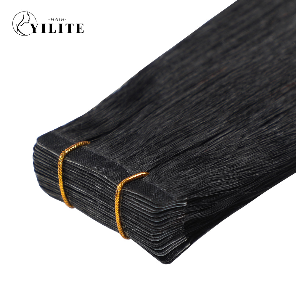 Close-up of (#1) Jet Black Narrow Mini Tape In Hair Extensions 